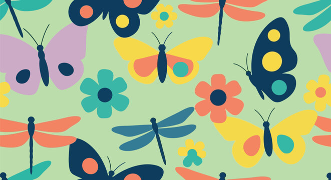Seamless butterfly and dragonfly vector pattern with colorful flowers on green background