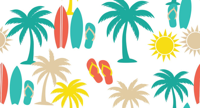 Summer beach vector pattern with palm trees, surfboards, flip flops, and sun icons seamless design