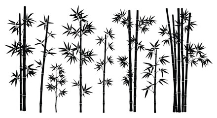 A striking black and white depiction of bamboo stalks and leaves creating a natural silhouette high quality professional © Kuntol02