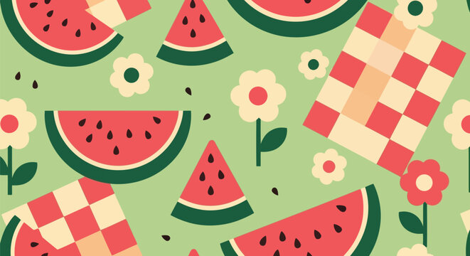 Summer picnic seamless vector pattern with watermelon slices, flowers, and checkered napkins