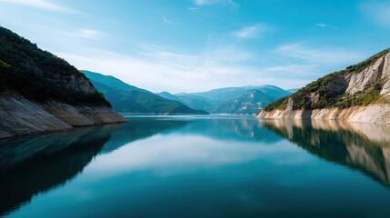 Fototapeta premium Serene Mountain Landscape with Calm Lake and Reflective Water Surface