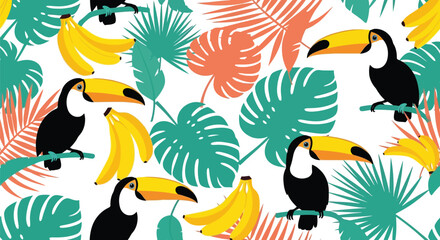 Tropical toucan vector pattern with bananas and palm leaves seamless summer background © azad