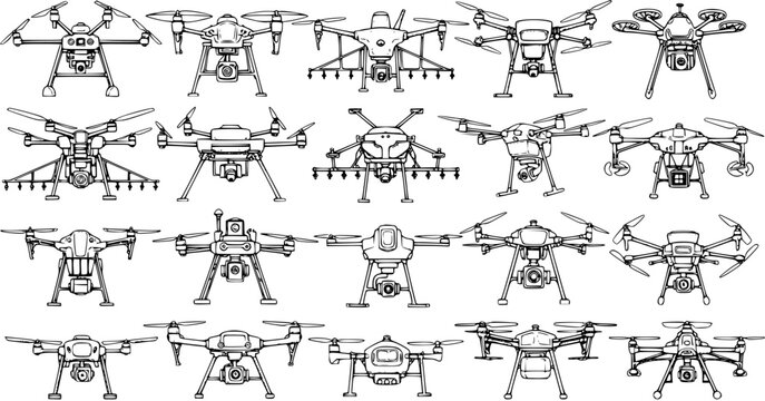 Detailed Hand-drawn Line Art Collection of Various Modern Drones (UAVs) with Different Designs, including Quadcopters, Hexacopters, and Octocopters, for Technology and Aviation