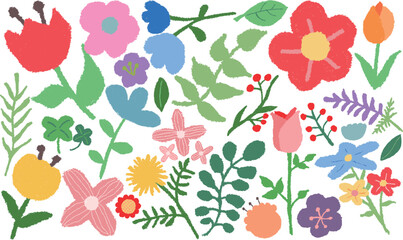 자연 식물 꽃 나무 풀 손그림 크레파스 질감 아이그림