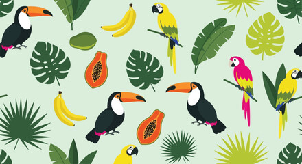 Fototapeta premium Tropical birds and fruits seamless vector pattern with toucans, parrots, and jungle leaves