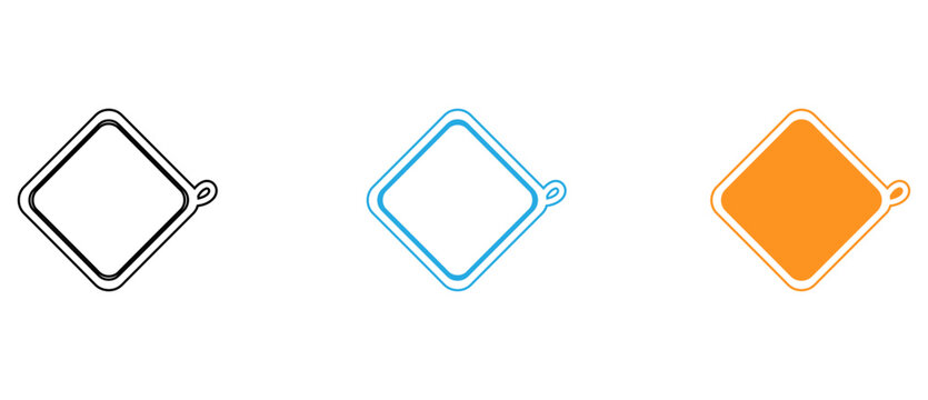 Three stylized icons depicting a camera, a diamond shape, and a tag or label isolated on transparent background, Vector