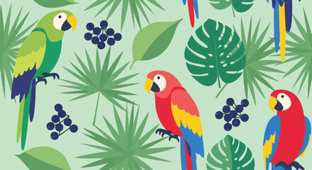 Obraz premium Tropical Parrot Vector Pattern with Jungle Leaves and Exotic Birds Seamless Background
