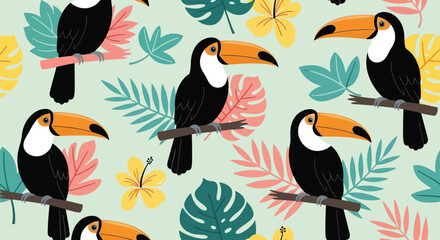 Fototapeta premium Tropical toucan vector pattern with colorful leaves and flowers seamless background