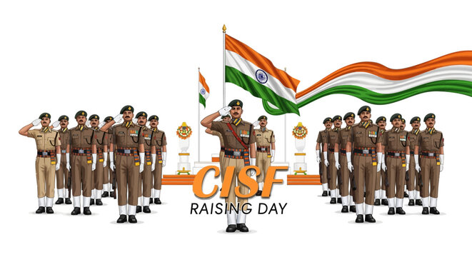 Illustration of Indian CISF soldiers saluting with the Indian flag on CISF Raising Day, an Indian paramilitary force anniversary celebration with a patriotic mood.