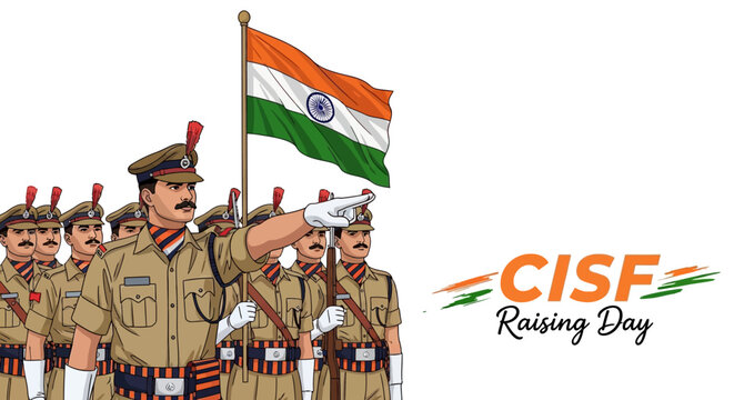 Illustration of CISF soldiers celebrating Raising Day with Indian flag, symbolizing national security and anniversary of Central Industrial Security Force in India.