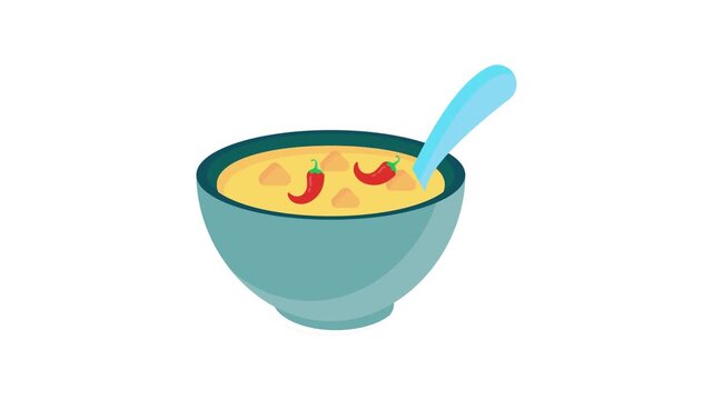 A bowl of soup topped with chili peppers, with a spoon placed next to it, highlighting a delicious and spicy meal option.