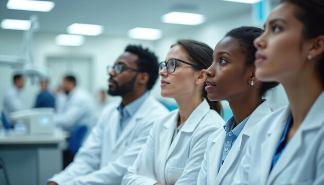 Dental students in lab coats watch procedure demonstration in classroom. Diverse group learns dentistry skills from instructor. Medical education, practice, and training setting.