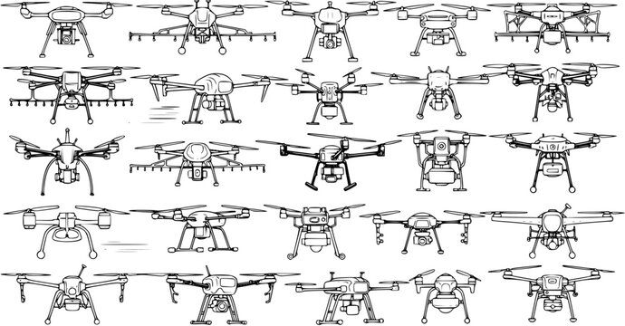 Detailed Black and White Line Art Set of Diverse Drones and UAVs. Collection of Quadcopter and Hexacopter Illustrations Showcasing Various Designs and Technical Drawings.