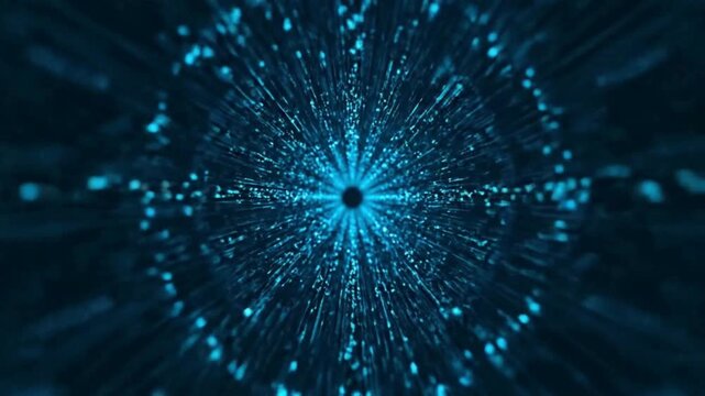 A futuristic digital representation of a circular pattern with glowing blue particles emanating from a central point in a dark environment from a directly overhead viewpoint