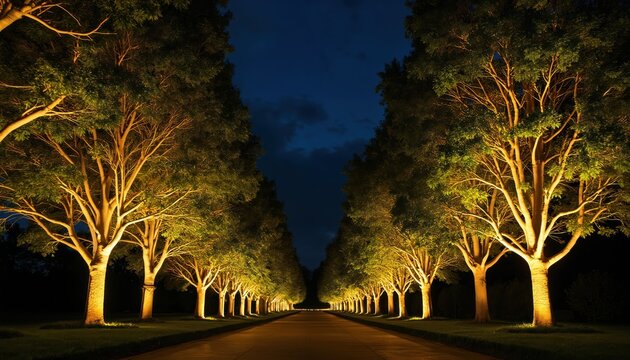 Row of trees with uplighting along pathway at night. Warm yellow lights illuminate branches and trunks creating dramatic garden ambiance. Path leads into dark horizon.