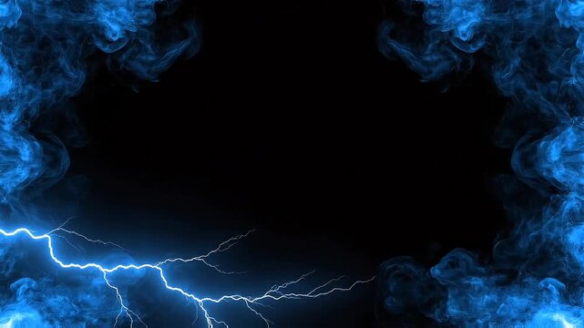 Vivid blue electric smoke frames a dark background, then a powerful bright lightning bolt dramatically flashes.