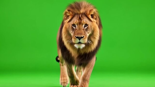 Majestic male lion with a full mane walks forward on a vibrant green screen background, exuding power and regality