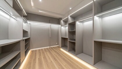 Fototapeta premium Spacious Walk-In Closet with Custom Shelving and Wooden Floor.