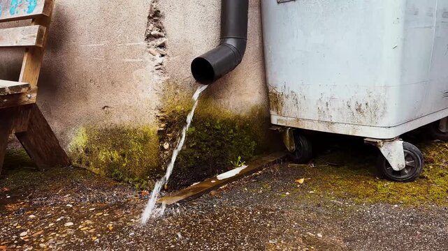 Water flowing out of a gutter downpipe onto wet pavement near a building wall, illustrating drainage system function, heavy rain runoff and exterior water management.