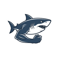 Obraz premium Muscular cartoon shark mascot flexing bicep on white background