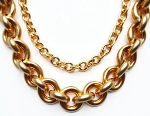 Obraz premium Close up of two gold necklaces. One thick chunky chain and one delicate thin chain. Both shine brightly against white background. Layered jewelry.