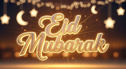 Eid mubarak greeting with glowing text and festive decorations