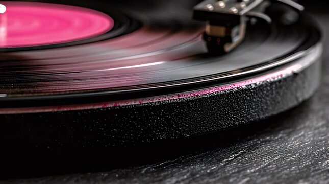 A close-up shot of a spinning vinyl record in shades of pink, black, and gray, with the needle hovering above it. Focus on textures