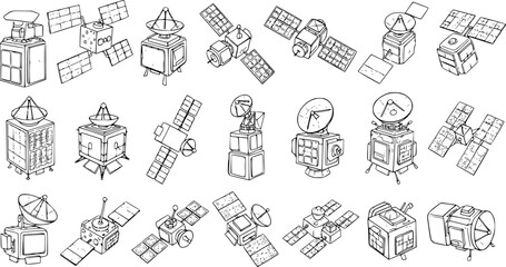 Hand-Drawn Space Satellites Line Art Collection: Various Orbiting Spacecraft Icons Set for Communication and Exploration Technology © victoria