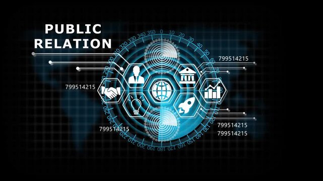 "PUBLIC RELATION" Lifecycle on Futuristic Radar Technology Background. Business, Technology, Internet and network concept. 4k animation video