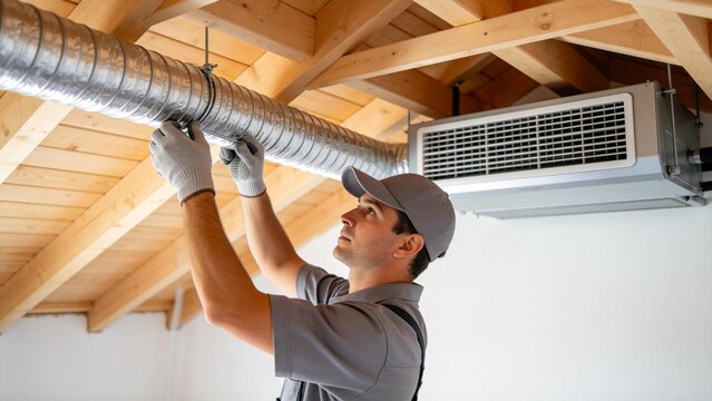 Man installing air duct in wooden ceiling