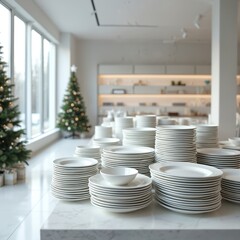 Obraz premium Stacks of white dinner plates and bowls arranged neatly on a marble counter in a bright showroom with Christmas trees visible. The setting suggests a holiday sale or special event for tableware.