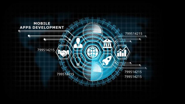 "MOBILE APPS DEVELOPMENT" Lifecycle on Futuristic Radar Technology Background. Business, Technology, Internet and network concept. 4k animation video