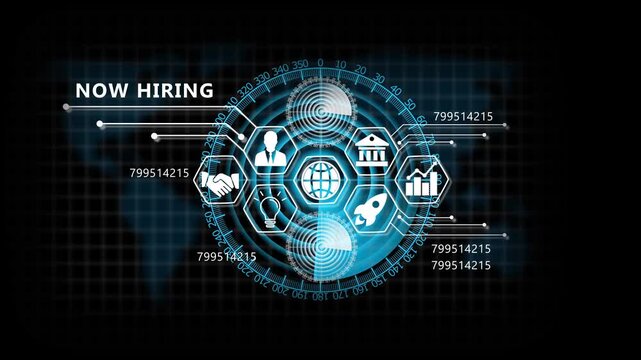 NOW HIRING Lifecycle on Futuristic Radar Technology Background. Business, Technology, Internet and network concept. 4k animation video
