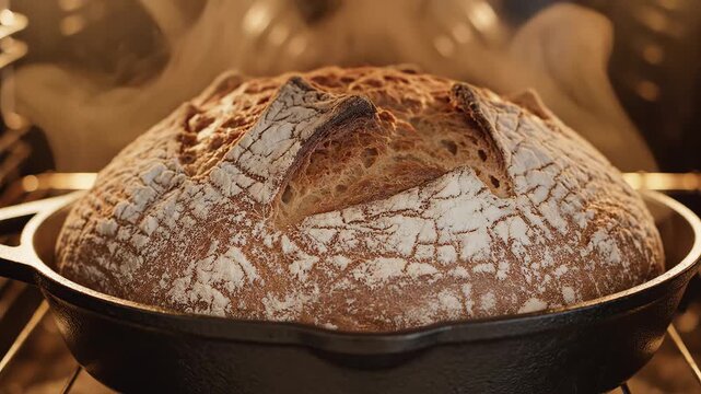 Freshly baked artisan bread in cast iron skillet