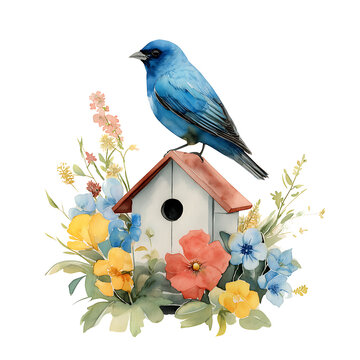Vibrant Hand Painted Bluebird and Birdhouse with Floral Design Watercolor Illustration for Spring Season Wildlife Art and Nature Lover Home Decor