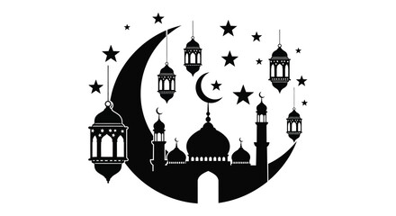 A striking black silhouette depicts a crescent moon stars lanterns and a mosque cityscape silhouette high quality professional © MIRAJ02