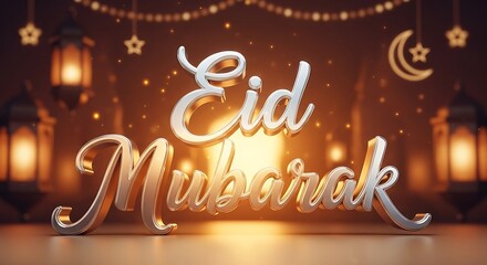 Eid mubarak greeting with lanterns and moon festive celebration