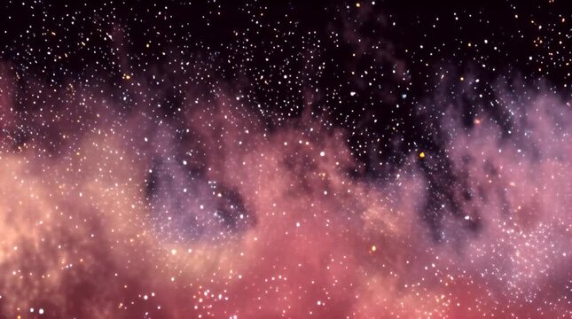 A cosmic scene depicts a starry expanse with vibrant hues. Swirling nebulas blend purple, pink, and orange, against a dark, star-filled backdrop
