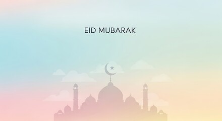 Eid mubarak greeting with mosque silhouette and pastel background