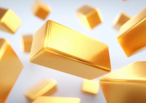 Lingotes de oro brillantes flotando en el aire, concepto de riqueza, inversi&oacute;n y lujo en 3D.