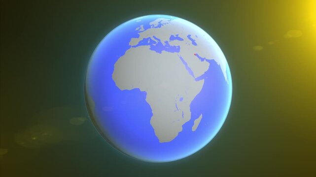The animation shows a graphic representation of the earth and highlights the location and map of Kuwait colored red.