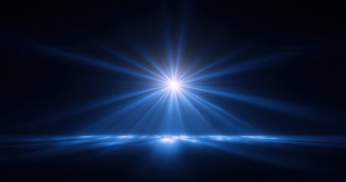 Destello de luz azul brillante con rayos estelares y reflejos sobre una superficie oscura, efecto digital.