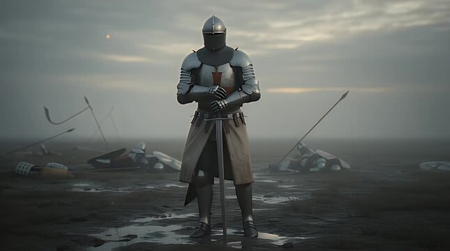 A solitary medieval knight, clad in gleaming plate armor, stands vigil on a muddy battlefield, clutching his sword after a hard-fought conflict, reflecting on the somber, overcast sky.