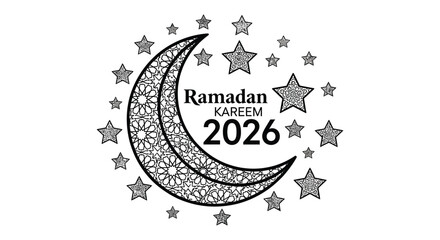 A decorative ramadan kareem greeting featuring a crescent moon and stars in monochrome silhouette high quality professional detailed © MIRAJ02