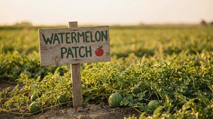 Watermelon patch sign standing in a fertile agricultural field, indicating a successful harvest and the growth of fresh, organic fruit under the warm light of a setting sun