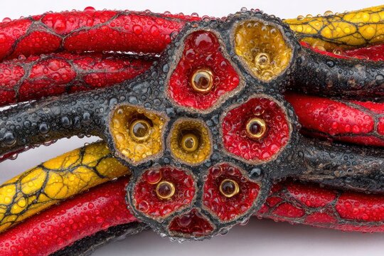 Detailed close-up of a colorful PEM electrolyzer membrane structure