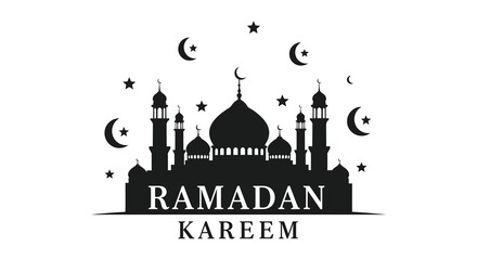 A striking ramadan kareem graphic featuring a mosque crescent moons and stars in a bold silhouette high quality © MIRAJ02