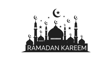 A striking ramadan kareem graphic featuring a mosque and crescent moons in dark silhouette high quality professional detailed © MIRAJ02