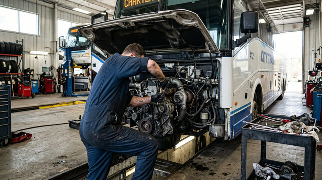 Worker Repairs Coach Bus Engine In Garage During D Delpmaspu