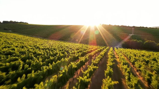Sunlit vineyard rows at sunset